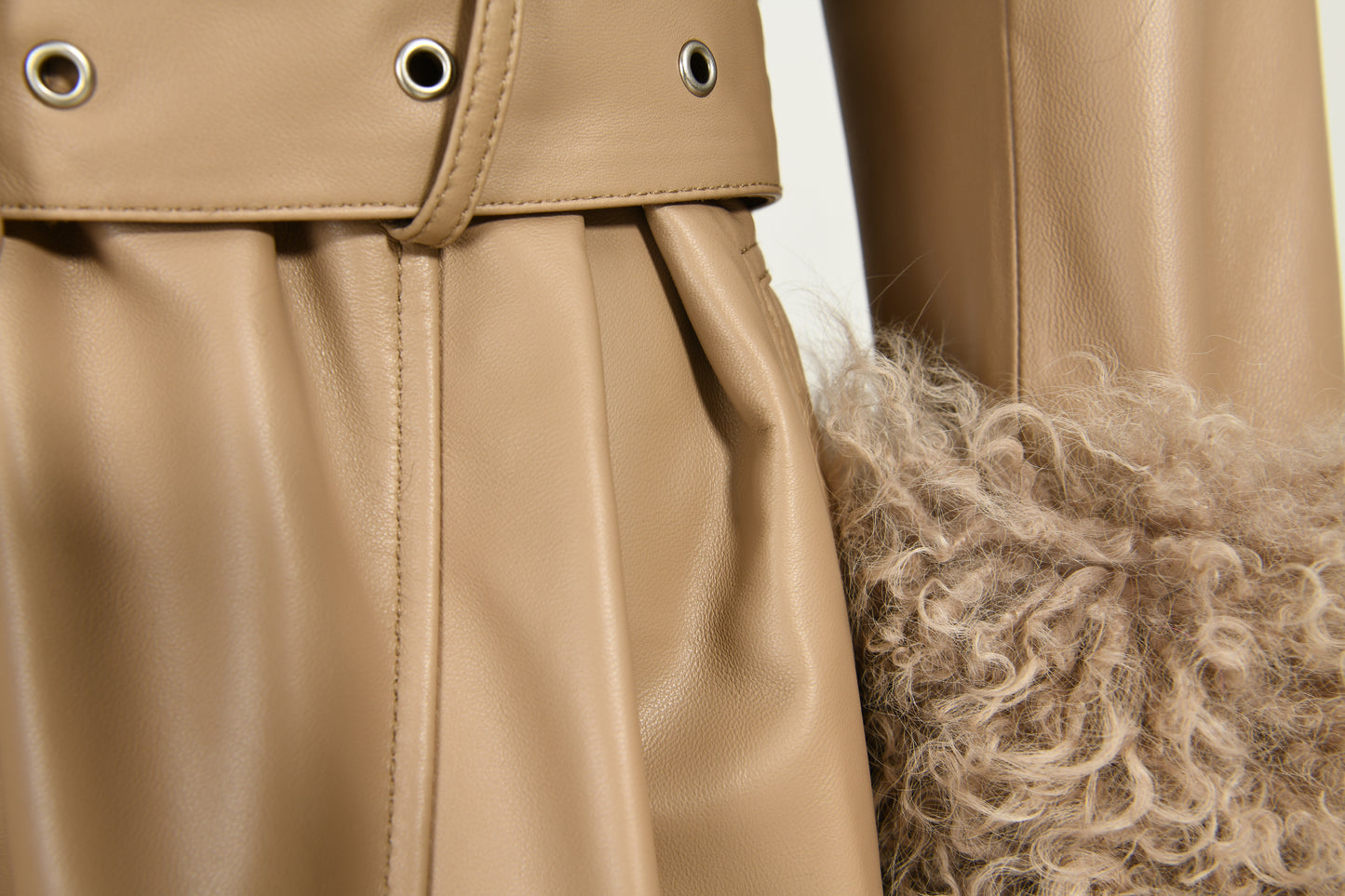 Custom Color Belt Design Genuine Leather Trench Coat With Sheep Fur