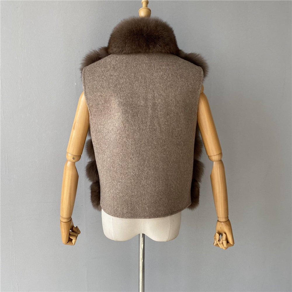 Jaxmonoy Fashionable Real Fluffy Fox Fur Jacket Cashmere Vest