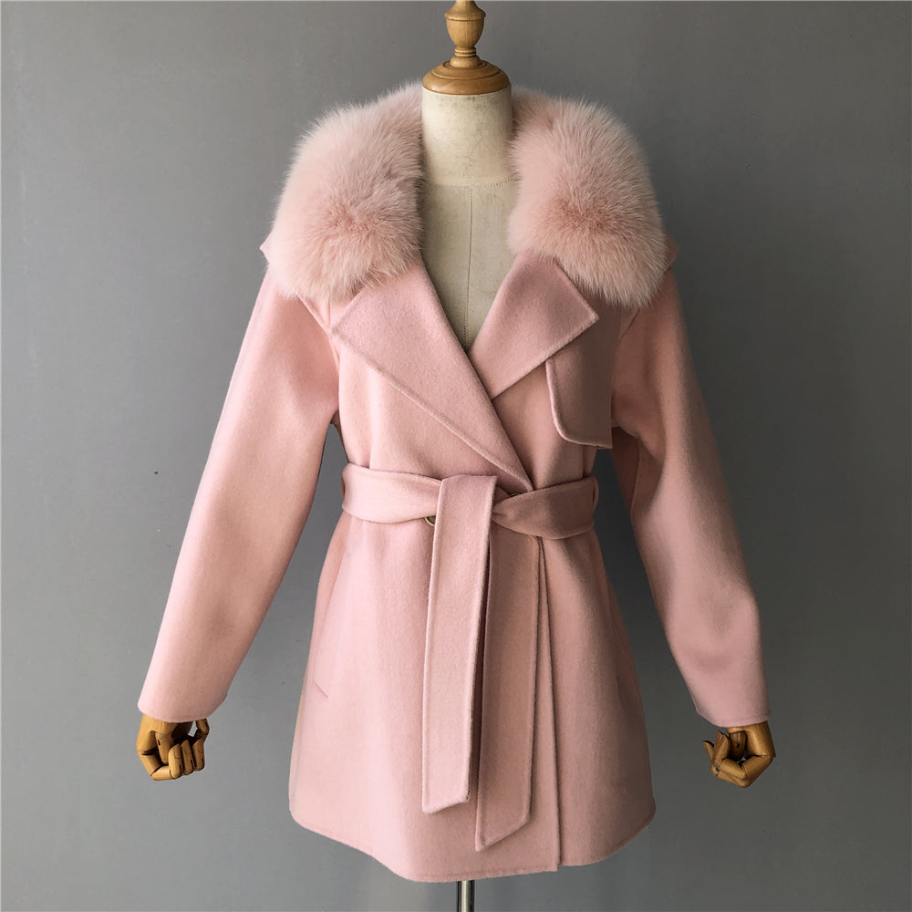 Jaxmonoy Cashmere Wool Coat Big Real Fur Collar