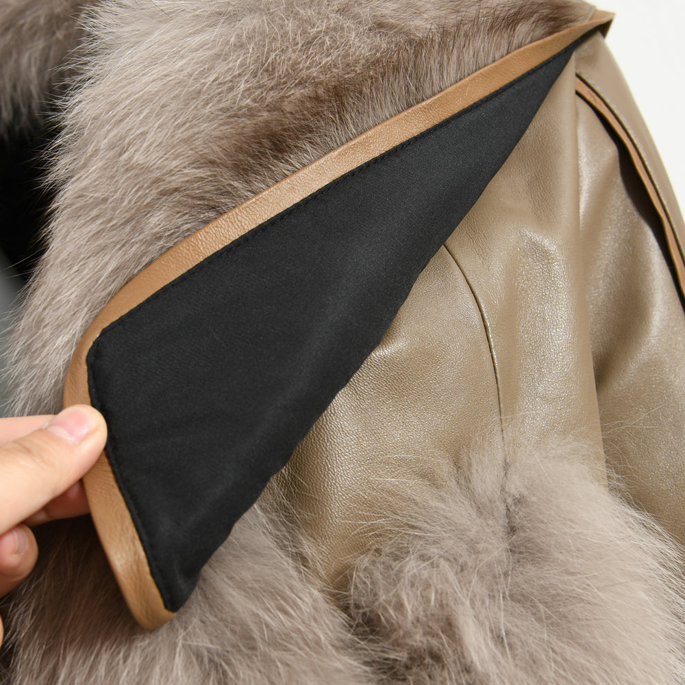 Genuine Leather Jacket With Real Fox Fur V-neck Collar Spring