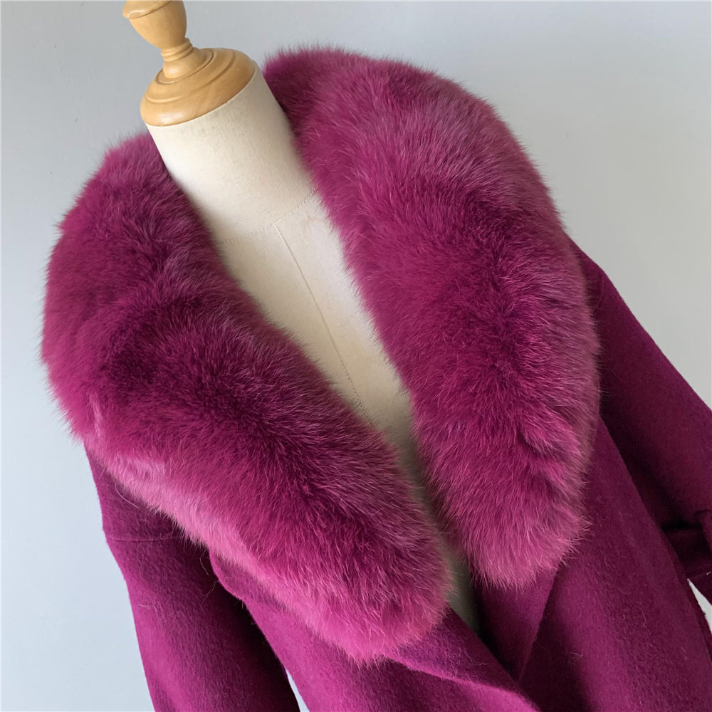 Jaxmonoy Cashmere Coat With Real Fur Collar And Rivet On The Belt