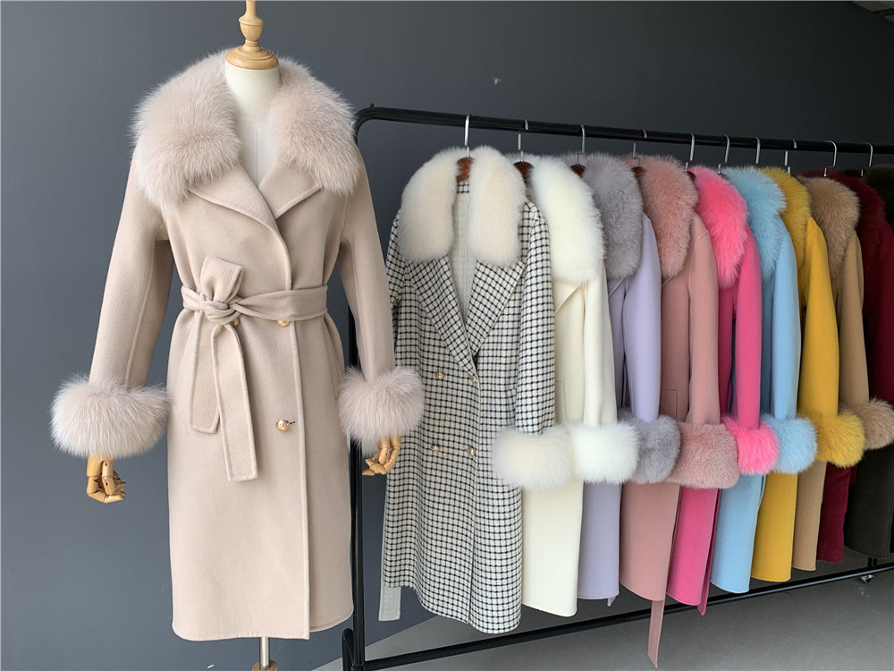 Jaxmonoy Women Winter Double Face Cashmere Coat Fluffy Genuine Fox Fur Collar Double Layer Cashmere Wool Coat