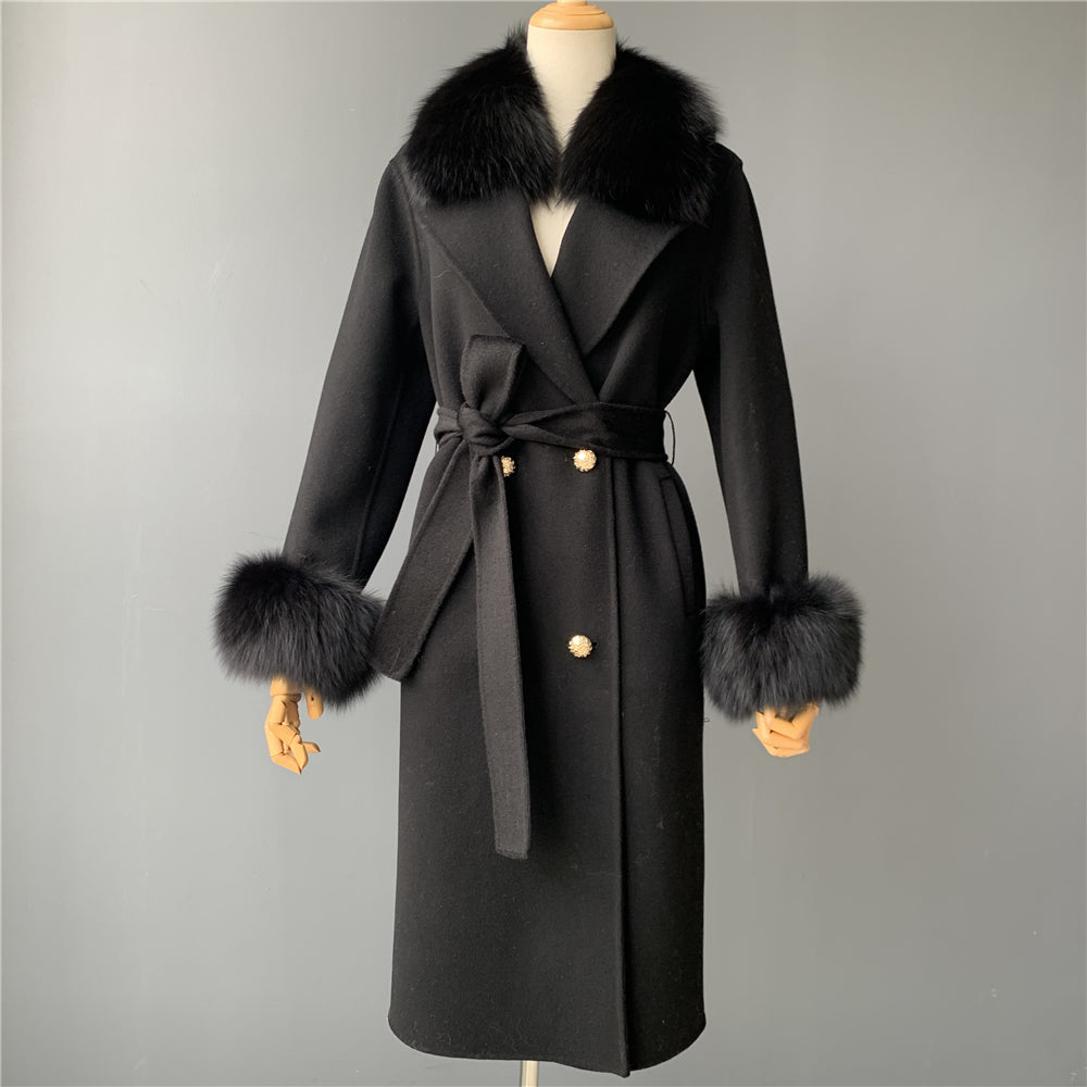 Jaxmonoy Women Winter Double Face Cashmere Coat Fluffy Genuine Fox Fur Collar Double Layer Cashmere Wool Coat