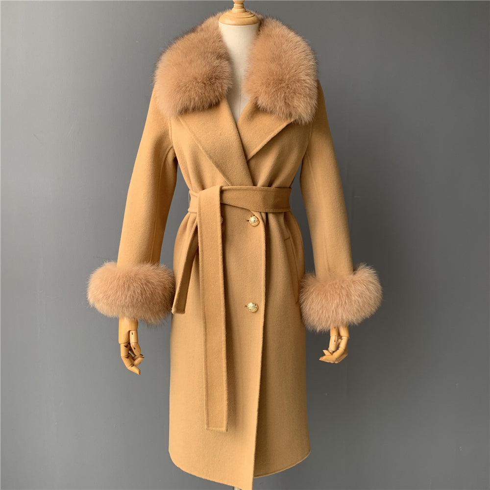 Jaxmonoy Women Winter Double Face Cashmere Coat Fluffy Genuine Fox Fur Collar Double Layer Cashmere Wool Coat