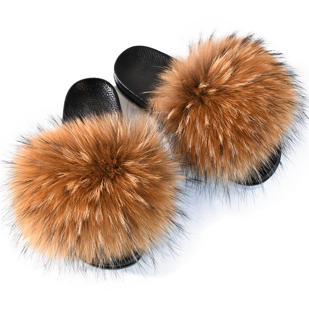Jaxmonoy Women Summer Fluffy Real Fox Fur Slides Genuine Raccoon Fur Slippers