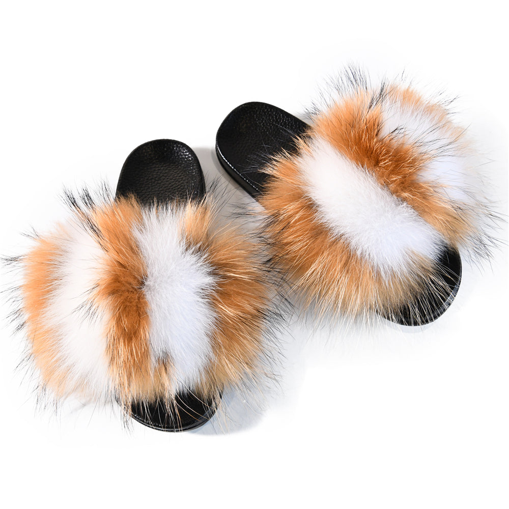 Jaxmonoy Women Summer Fluffy Real Fox Fur Slides Genuine Raccoon Fur Slippers