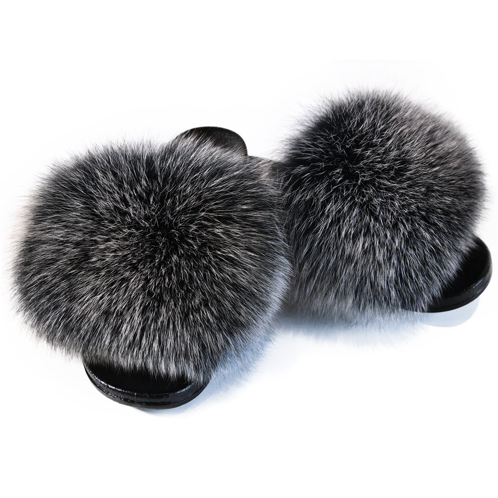 Jaxmonoy Women Summer Fluffy Real Fox Fur Slides Genuine Raccoon Fur Slippers