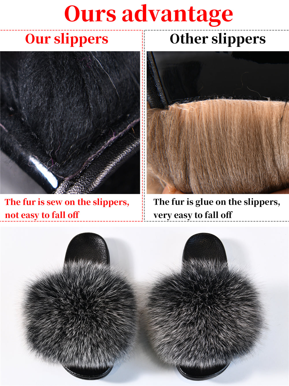 Jaxmonoy Women Summer Fluffy Real Fox Fur Slides Genuine Raccoon Fur Slippers