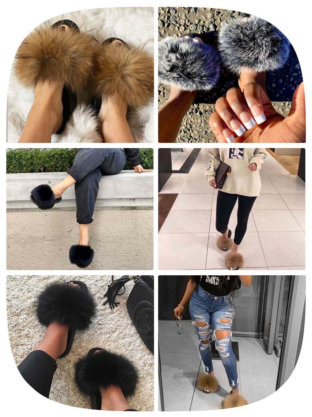 Jaxmonoy Women Summer Fluffy Real Fox Fur Slides Genuine Raccoon Fur Slippers