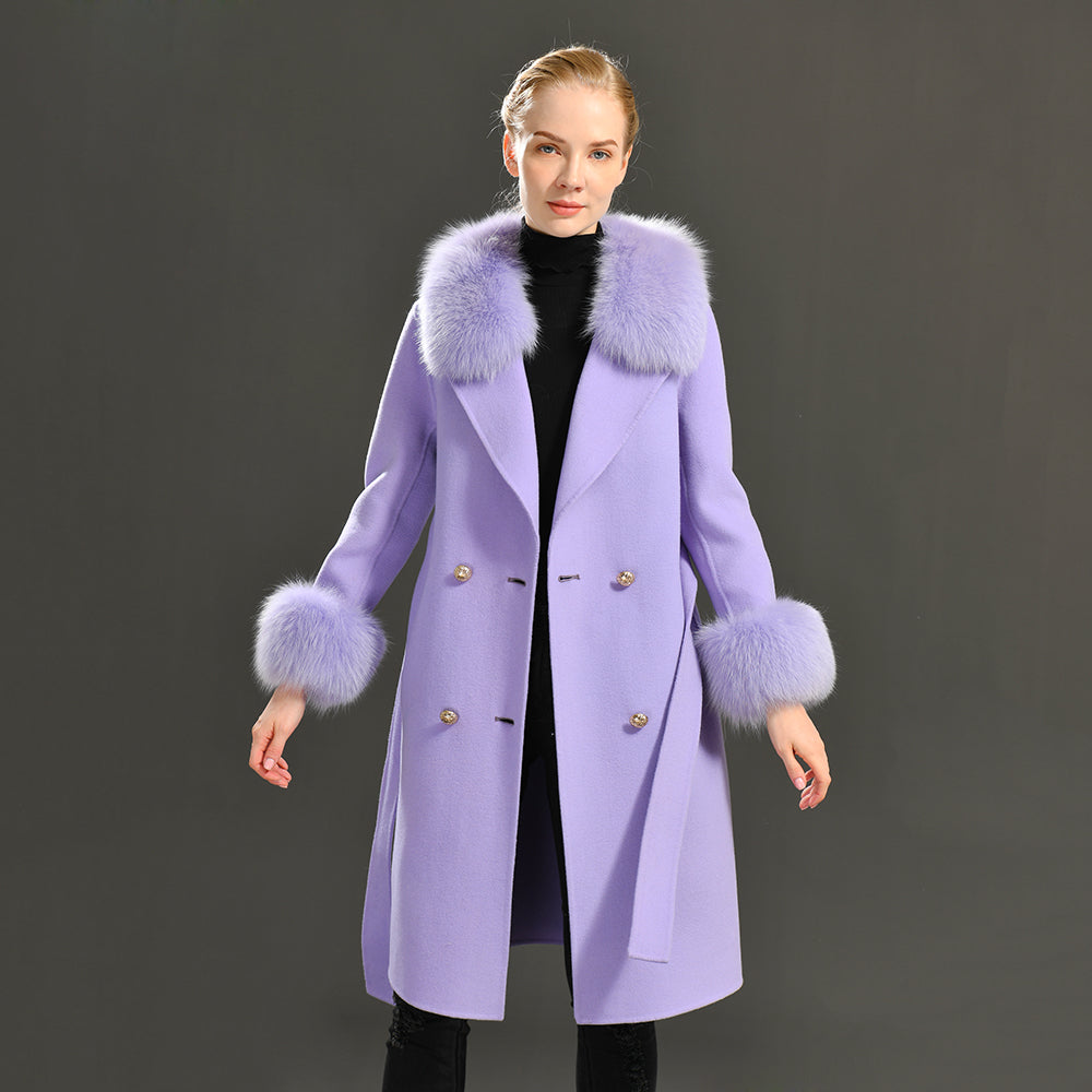 Jaxmonoy Women Winter Double Face Cashmere Coat Fluffy Genuine Fox Fur Collar Double Layer Cashmere Wool Coat