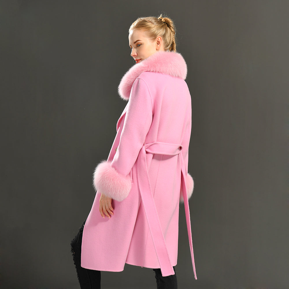 Jaxmonoy Women Winter Double Face Cashmere Coat Fluffy Genuine Fox Fur Collar Double Layer Cashmere Wool Coat