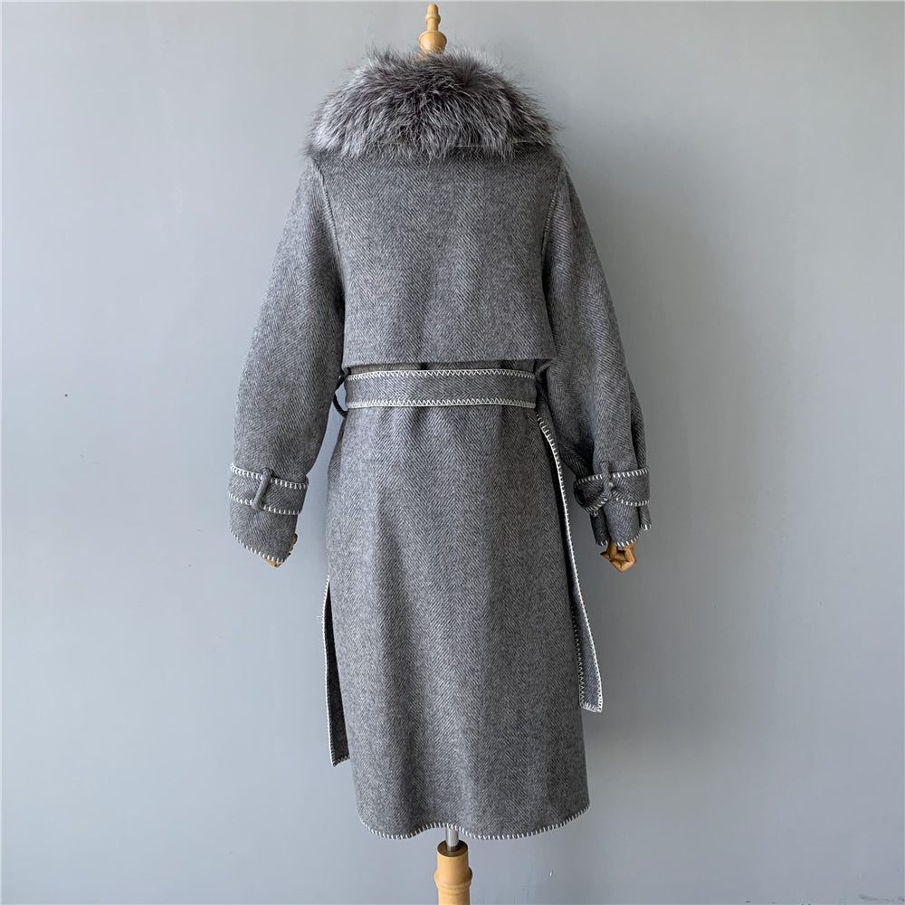 Jaxmonoy Fashion Women Winter Handmade Wool Cashmere Coat With Big Silver Fox Fur Collar