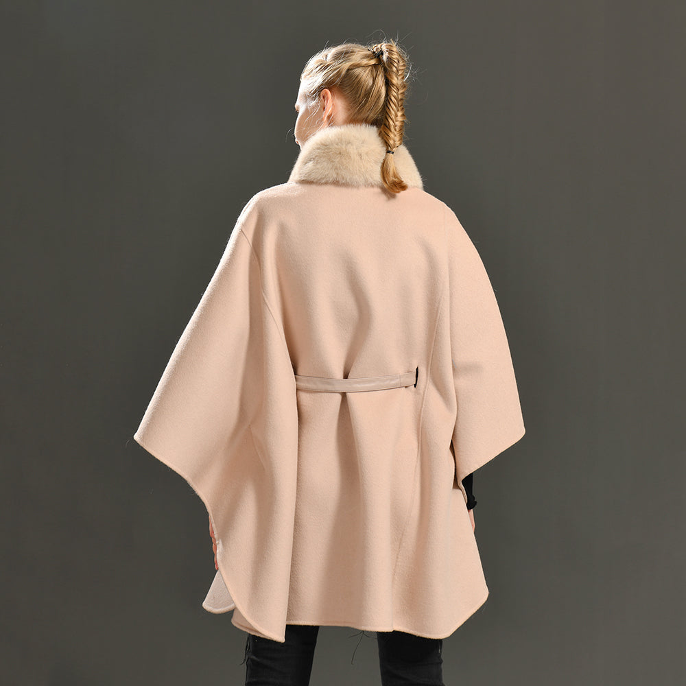 Jaxmonoy Women Cashmere Coat With Big Real Fur Collar And Sashes