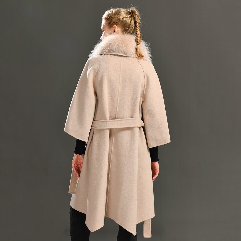 Jaxmonoy Women Cashmere Wool Coat Real Raccoon Collar Luxury Belt