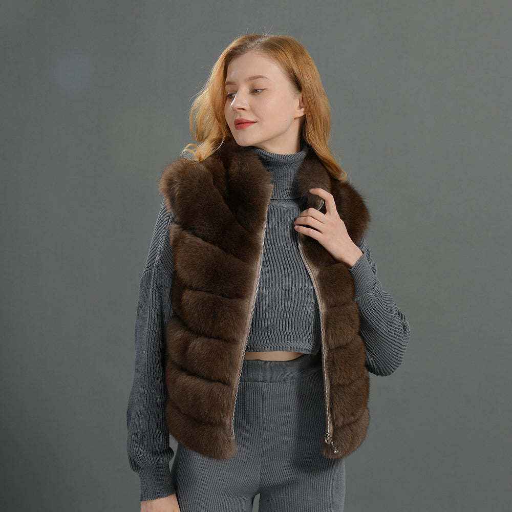Jaxmonoy Fashionable Real Fluffy Fox Fur Jacket Cashmere Vest