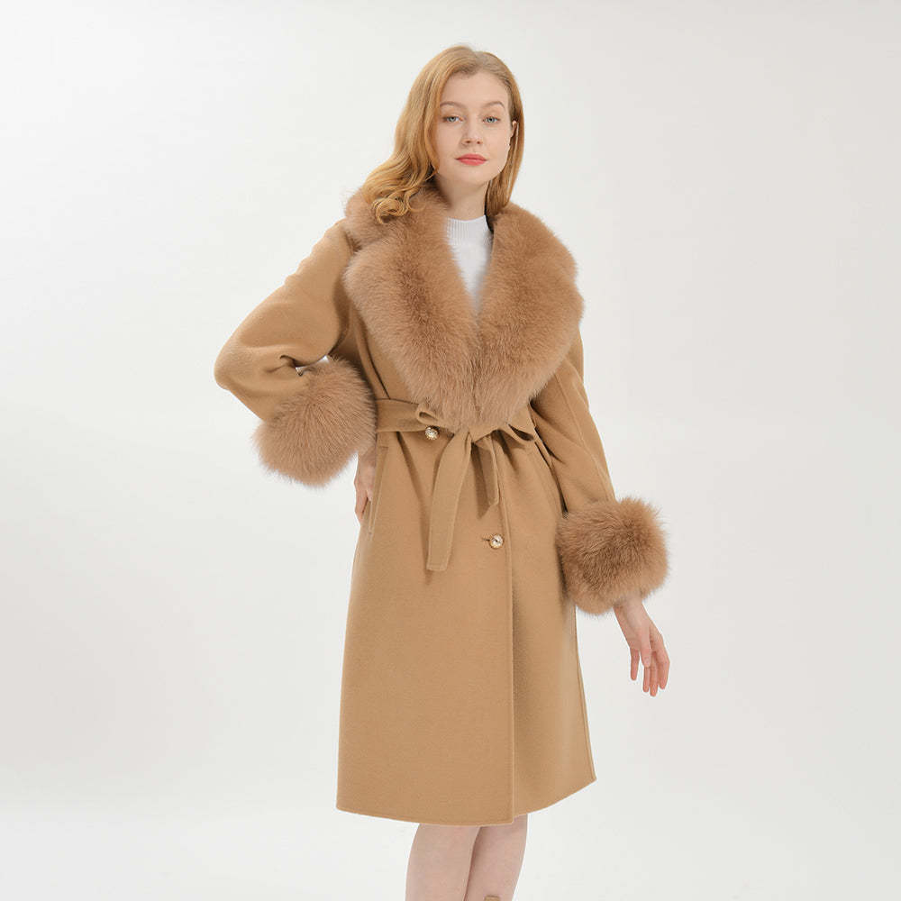 Jaxmonoy Luxurious Double-sided Cashmere Coat With Removable Big Fox Fur Collar And Cuffs