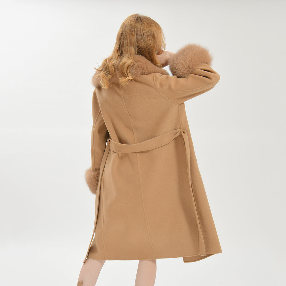 Jaxmonoy Luxurious Double-sided Cashmere Coat With Removable Big Fox Fur Collar And Cuffs