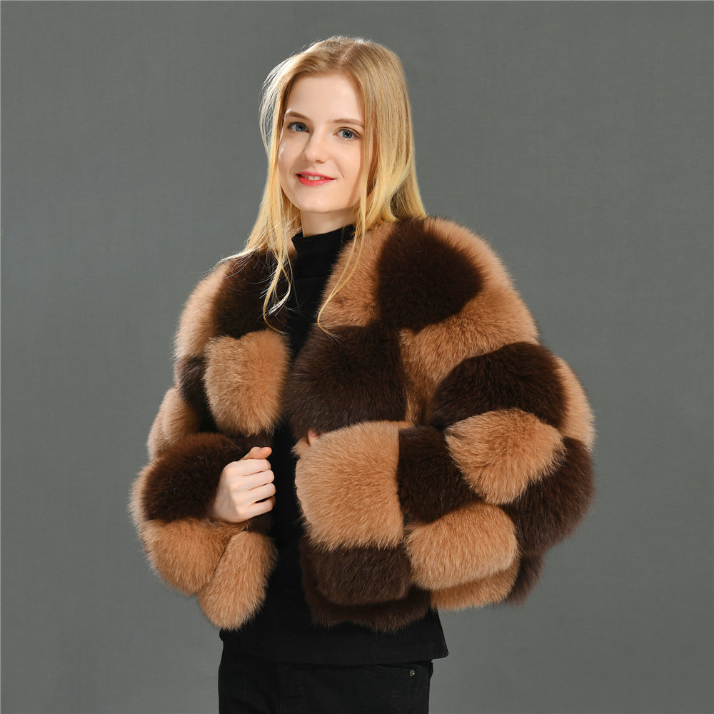 Jaxmonoy Two-color Stitching Classic Style Fashion Warm Winter Real Fox Fur Coat