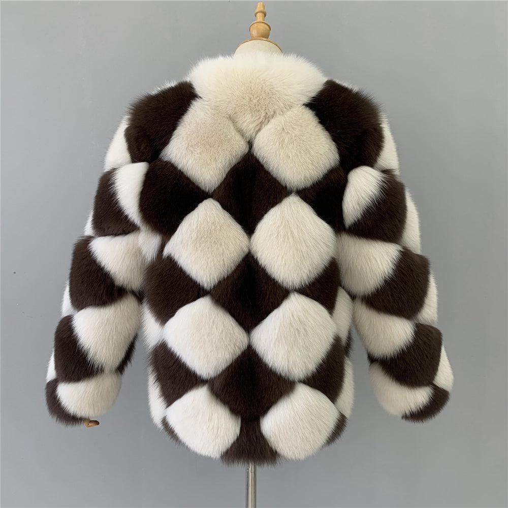Jaxmonoy Female Two-color Stitching Minimalistic Ladies Real Fox Fur Coat