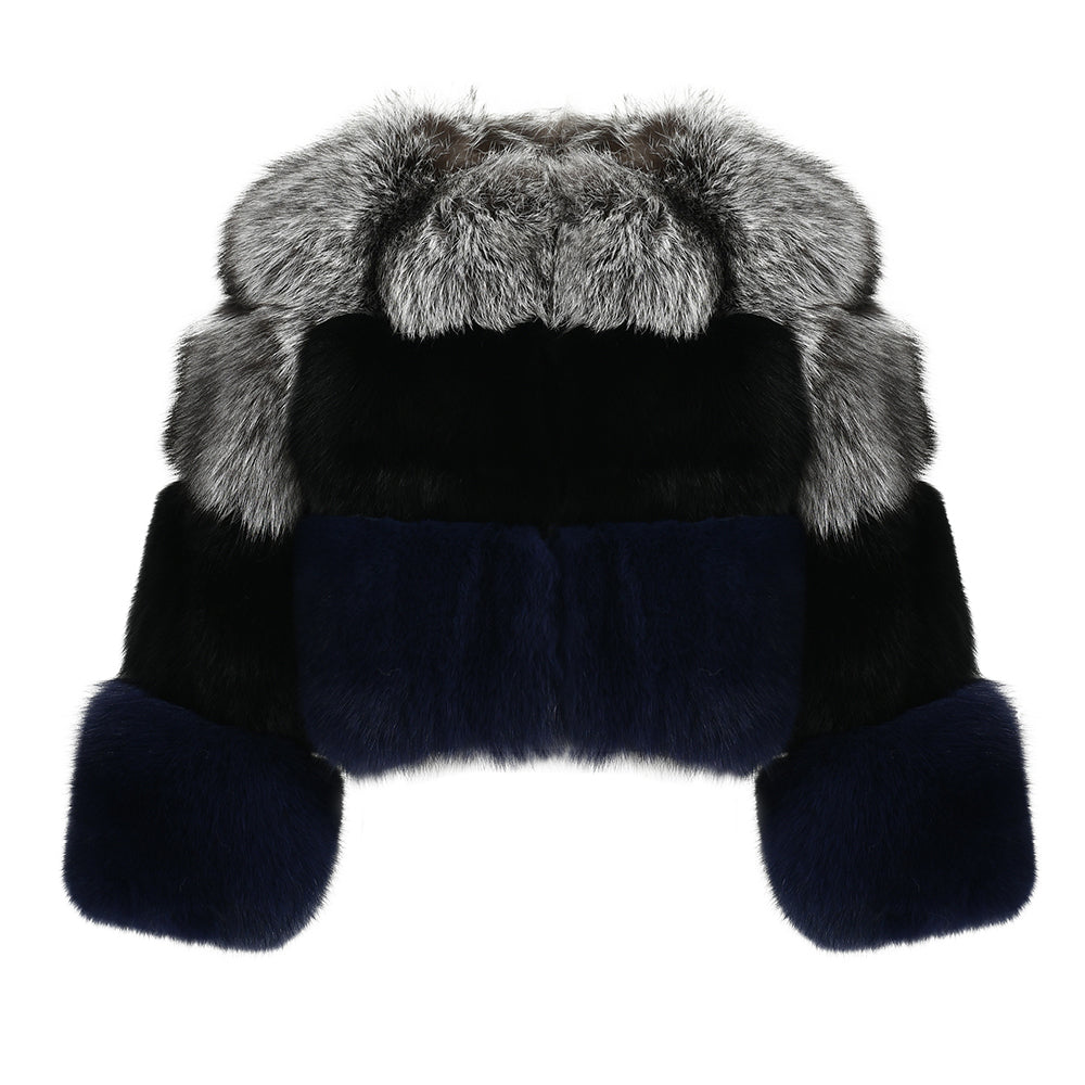 Mixed Color Crew Neck Cropped Real Fox Fur Coat Coldproof Winter Genuine Fox Fur Coat Women Real