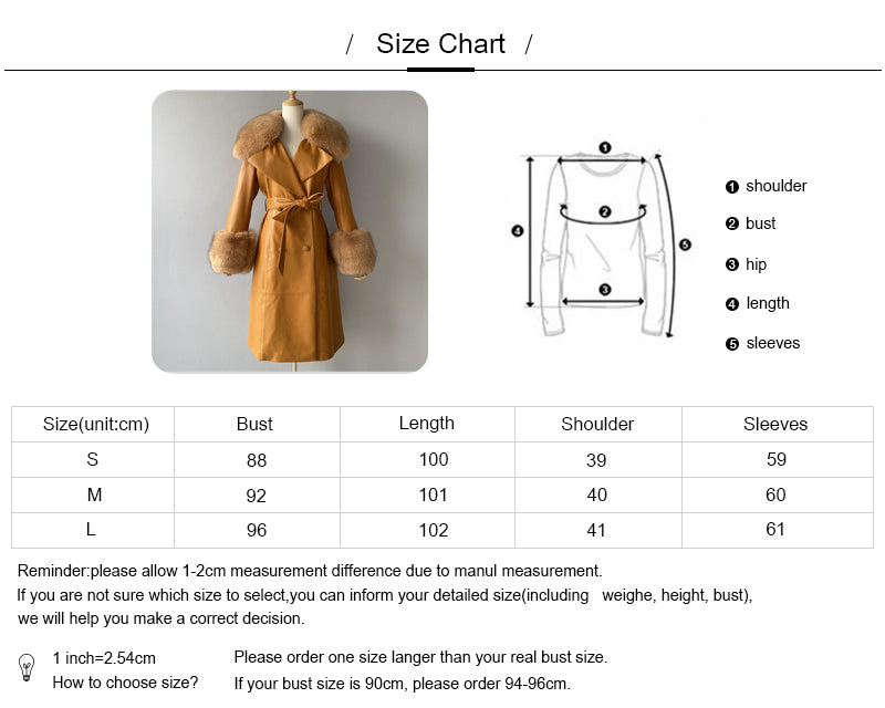 Winter Thick Warm Leather Trench Coat With Real Fox Fur Collar And Cuffs Fashion Long Genuine Leather Coat For Women