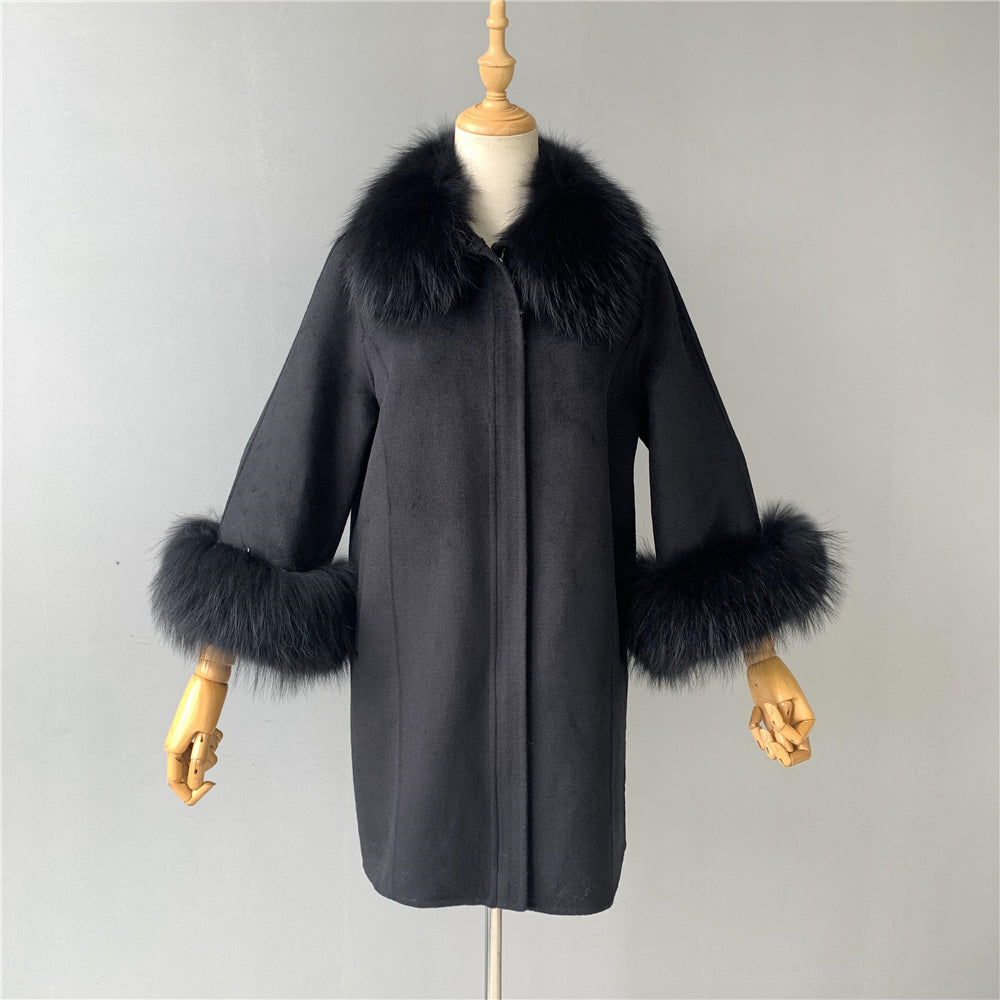 Jaxmonoy Stylish Cashmere Coat With Real Fur Collar And Cuffs Short Style