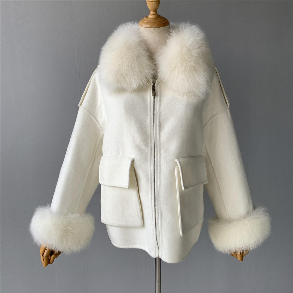 Jaxmonoy Women Cashmere Coat With Real Fur Collar And Cuffs