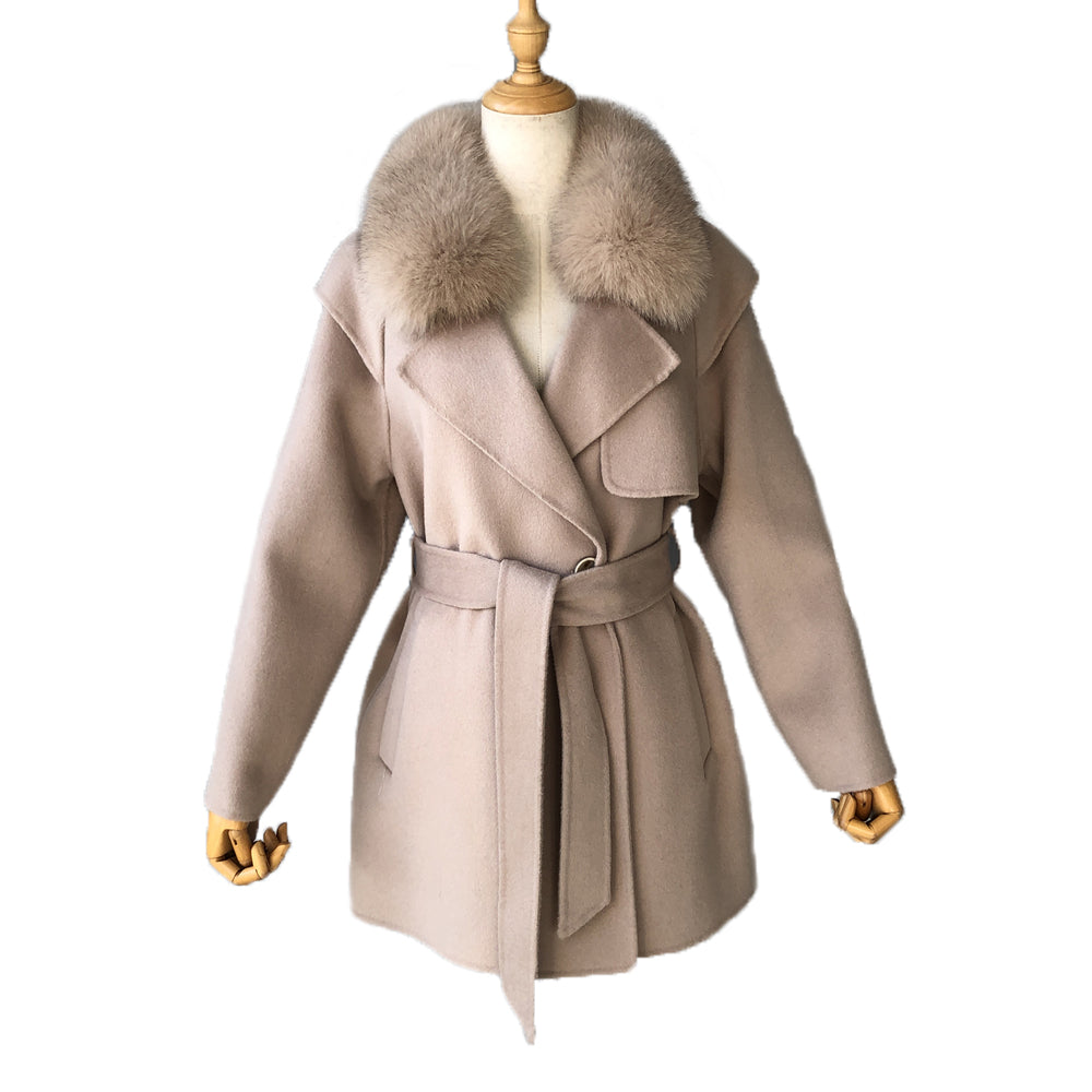 Jaxmonoy Cashmere Wool Coat Big Real Fur Collar