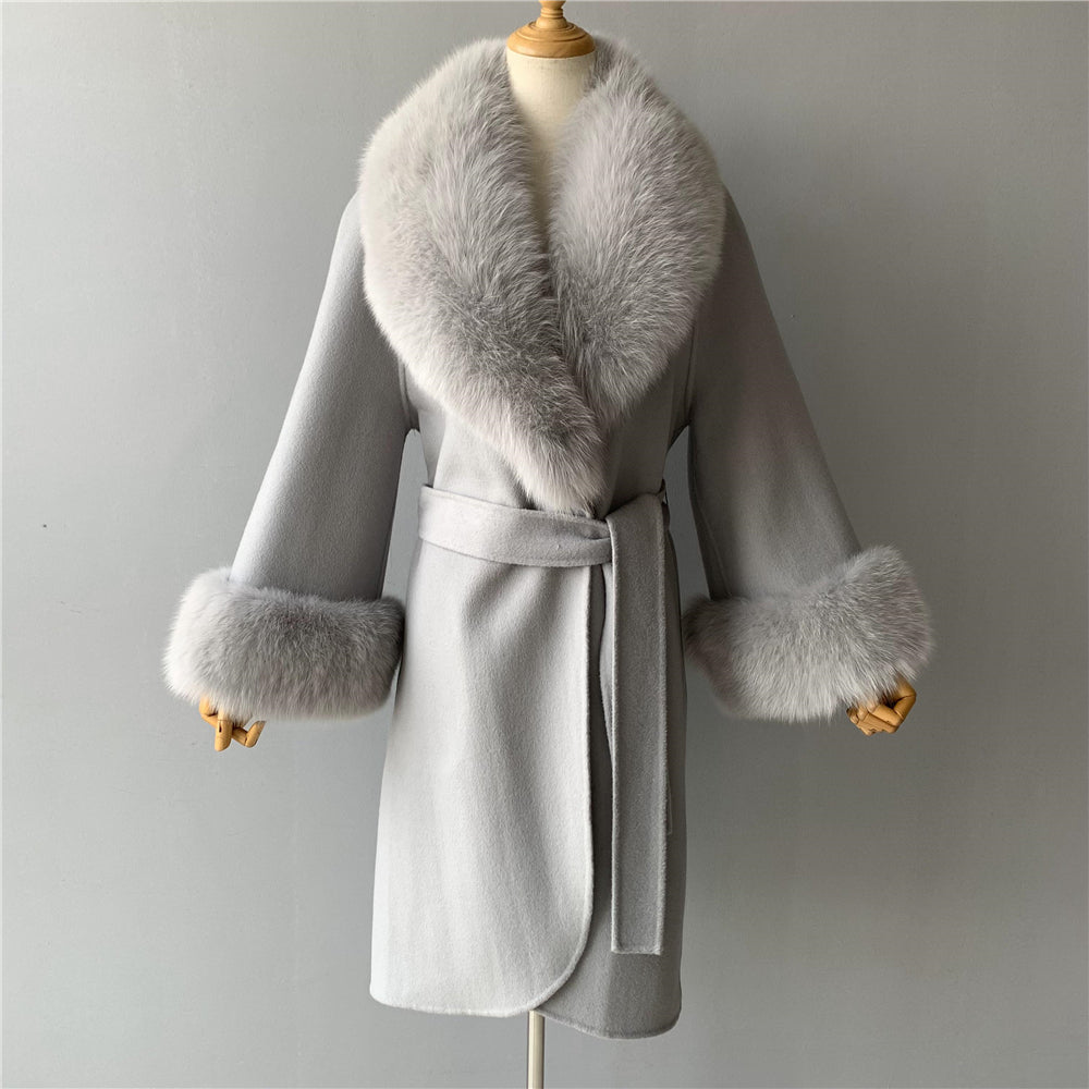 Jaxmonoy Fashionable Women Cashmere Coat With Big Real Fur Collar And Cuffs