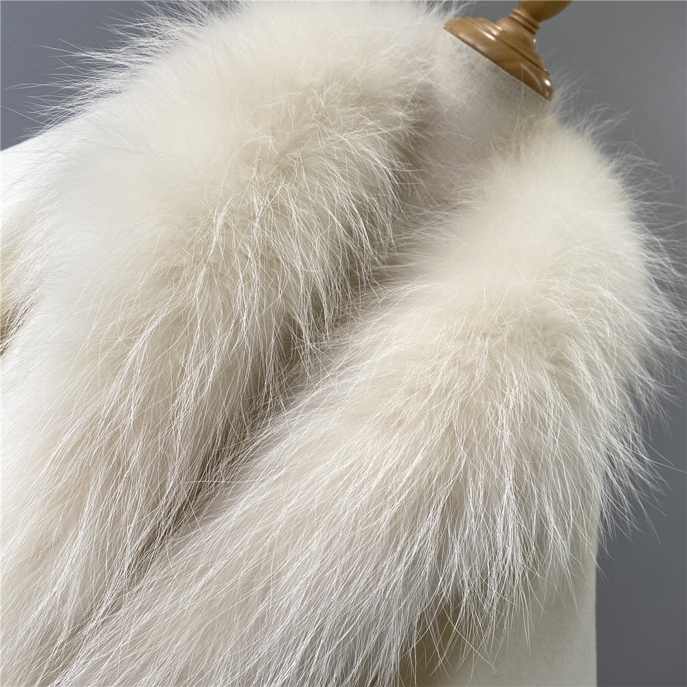 Jaxmonoy Women Cashmere Wool Coat Real Raccoon Collar Luxury Belt