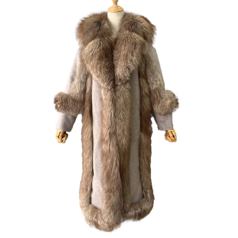 Jaxmonoy Women Wool Coat With Luxury Real Fur Collar And Belt