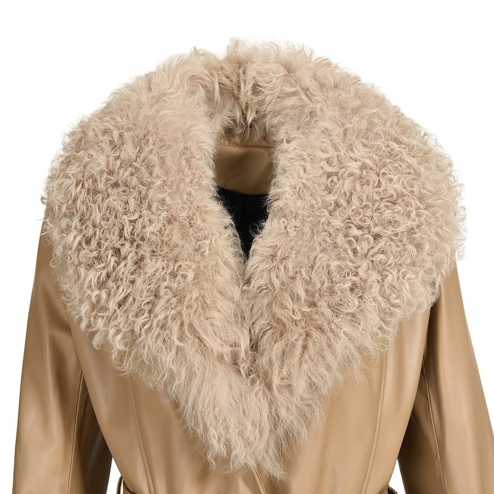 Custom Color Belt Design Genuine Leather Trench Coat With Sheep Fur