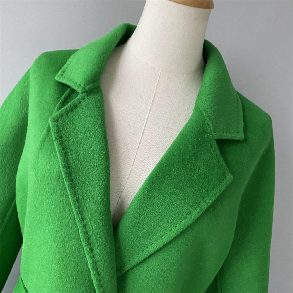 Solid Color Cashmere Coat With Big Side Pocket And Removable Belt