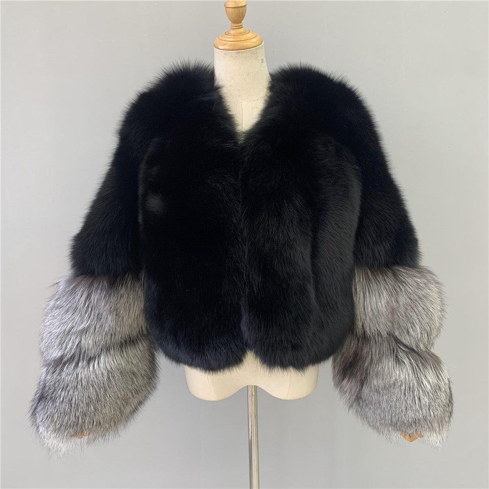 Jaxmonoy Ladies Real Fox Fur With Silver Fox Fur Coat Warm Real Fur Coat