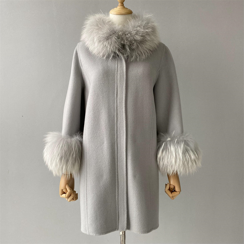 Jaxmonoy Stylish Cashmere Coat With Real Fur Collar And Cuffs Short Style