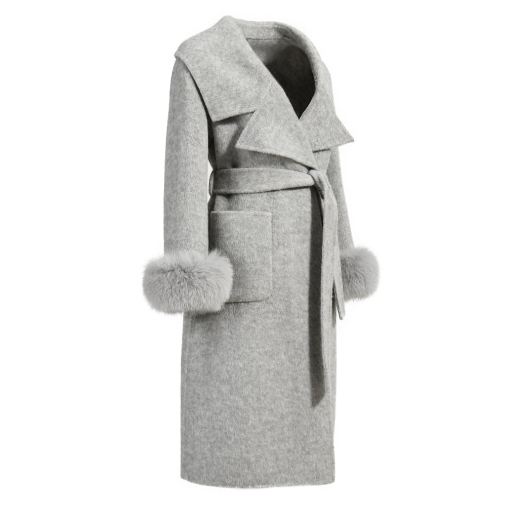 New Style Double-sided Cashmere Coat With Removable Fur Cuffs Custom Fashion Women Long Wool Cashmere Coat