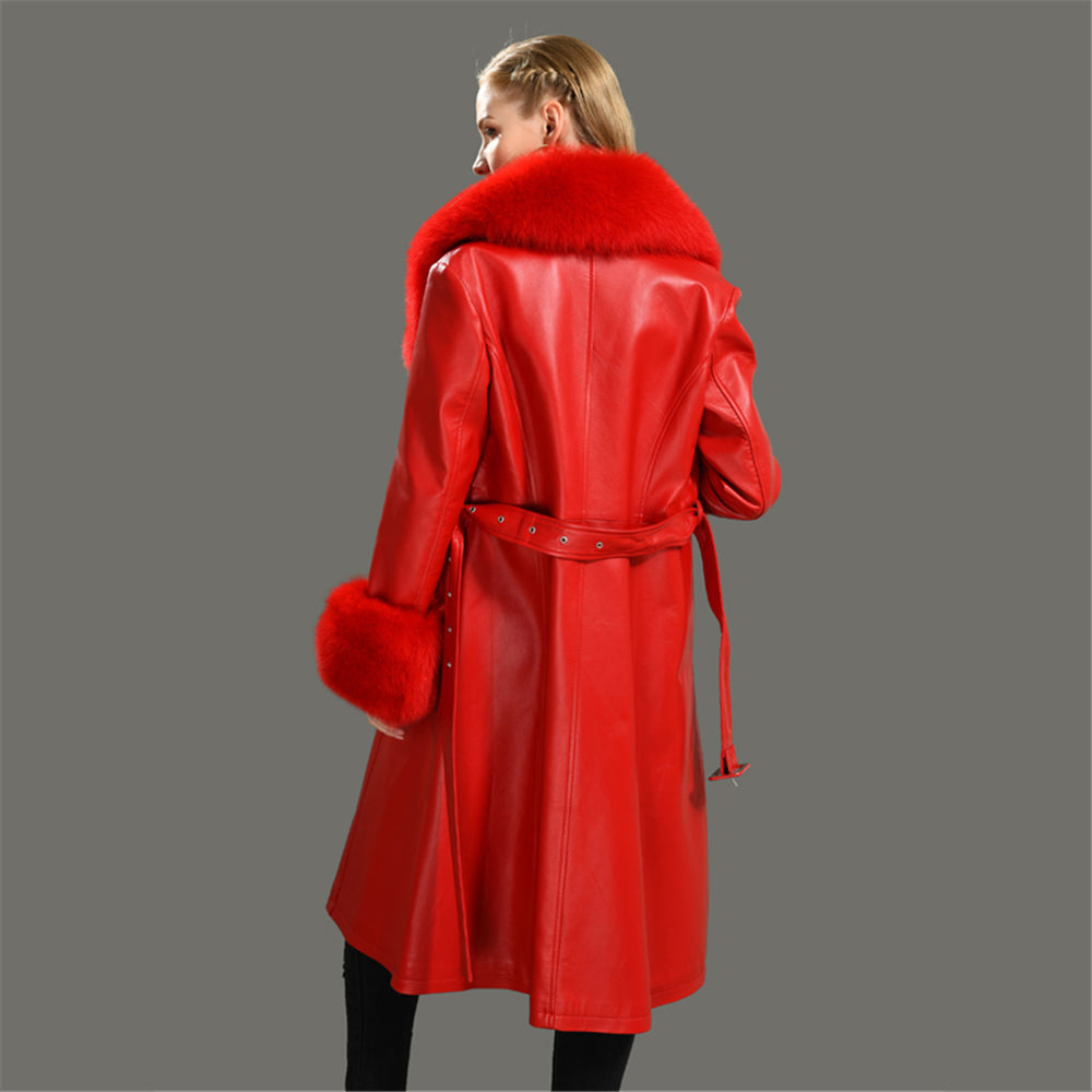 Jaxmonoy Leather Jacket Long Style Trench With Fox Fur Collar