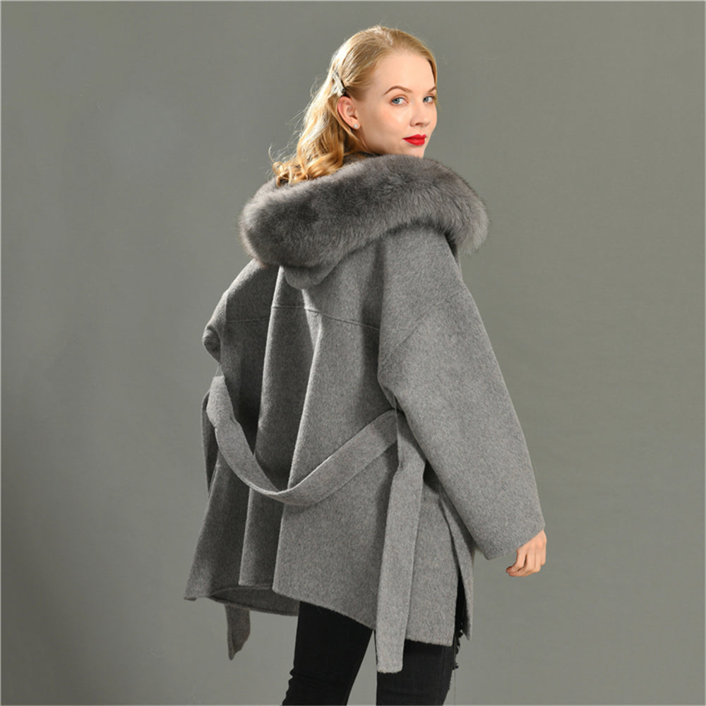 Jaxmonoy Women Cashmere Coat With Fur Pocket