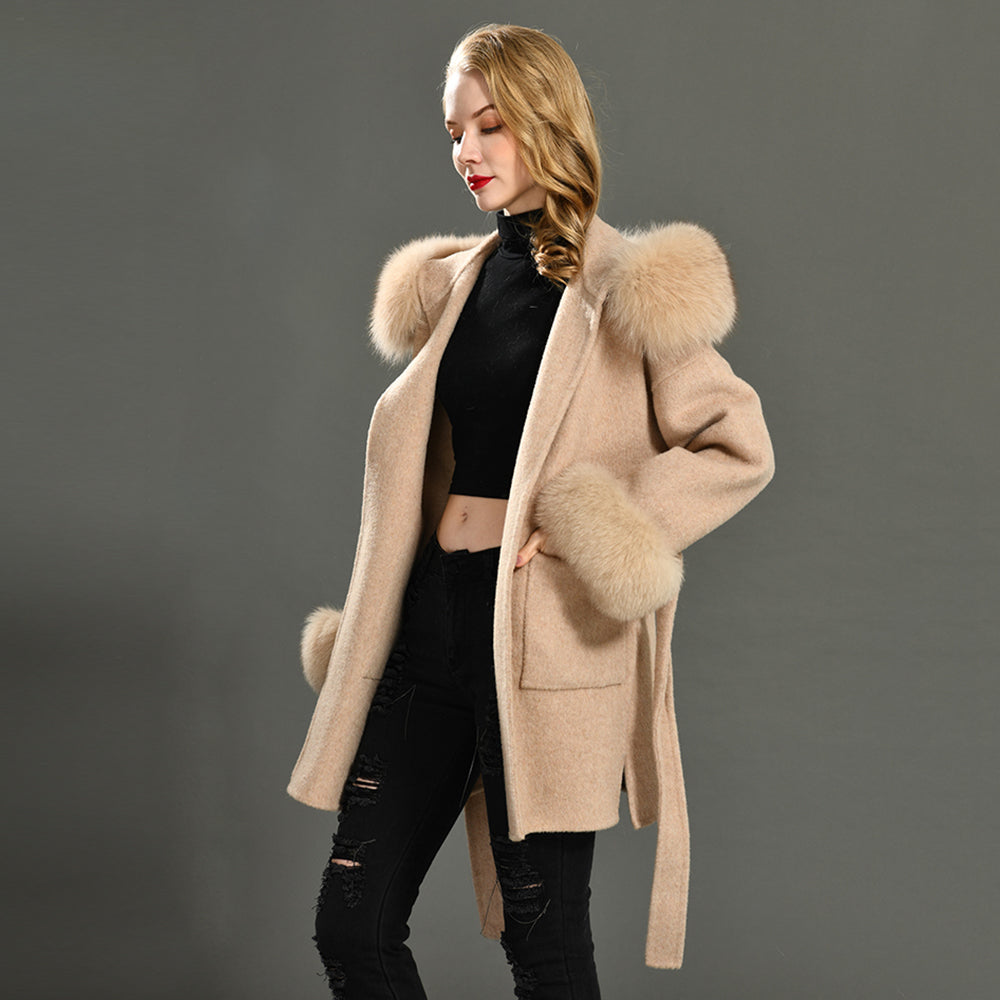 Jaxmonoy Ladies Cashmere Wool Coat Real Fox Fur Collar And Cuffs