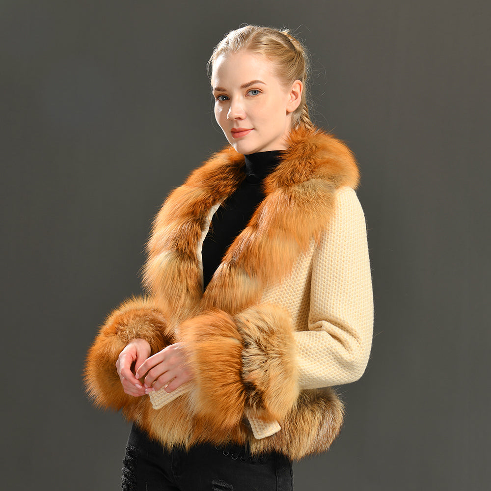 Jaxmonoy Winter Warm Short Style Cashmere Coat With Real Big Fox Fur Collar