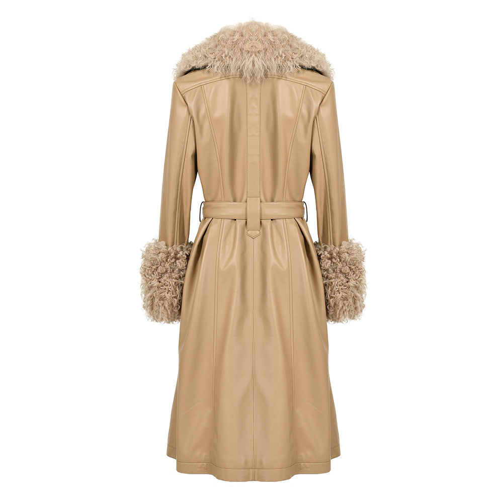 Custom Color Belt Design Genuine Leather Trench Coat With Sheep Fur