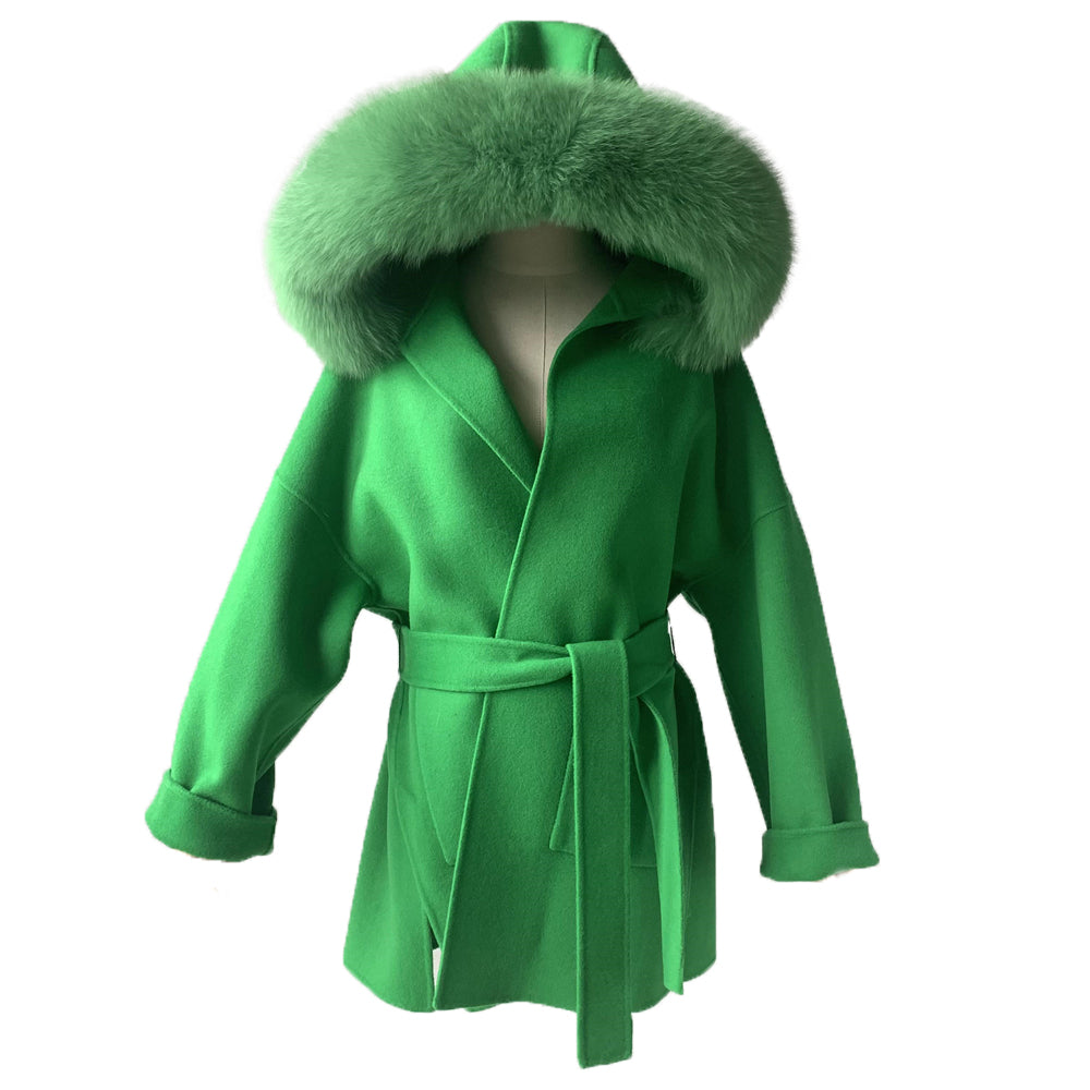 Jaxmonoy Oversize Loose Cashmere Wool Coat with Real Fox Fur Collar Winter Women Hood Outerwear Belt