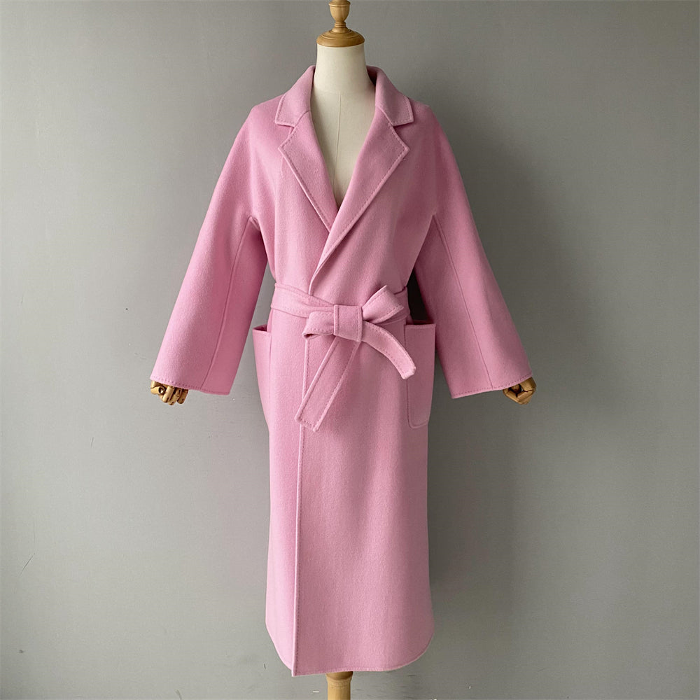 Solid Color Cashmere Coat With Big Side Pocket And Removable Belt