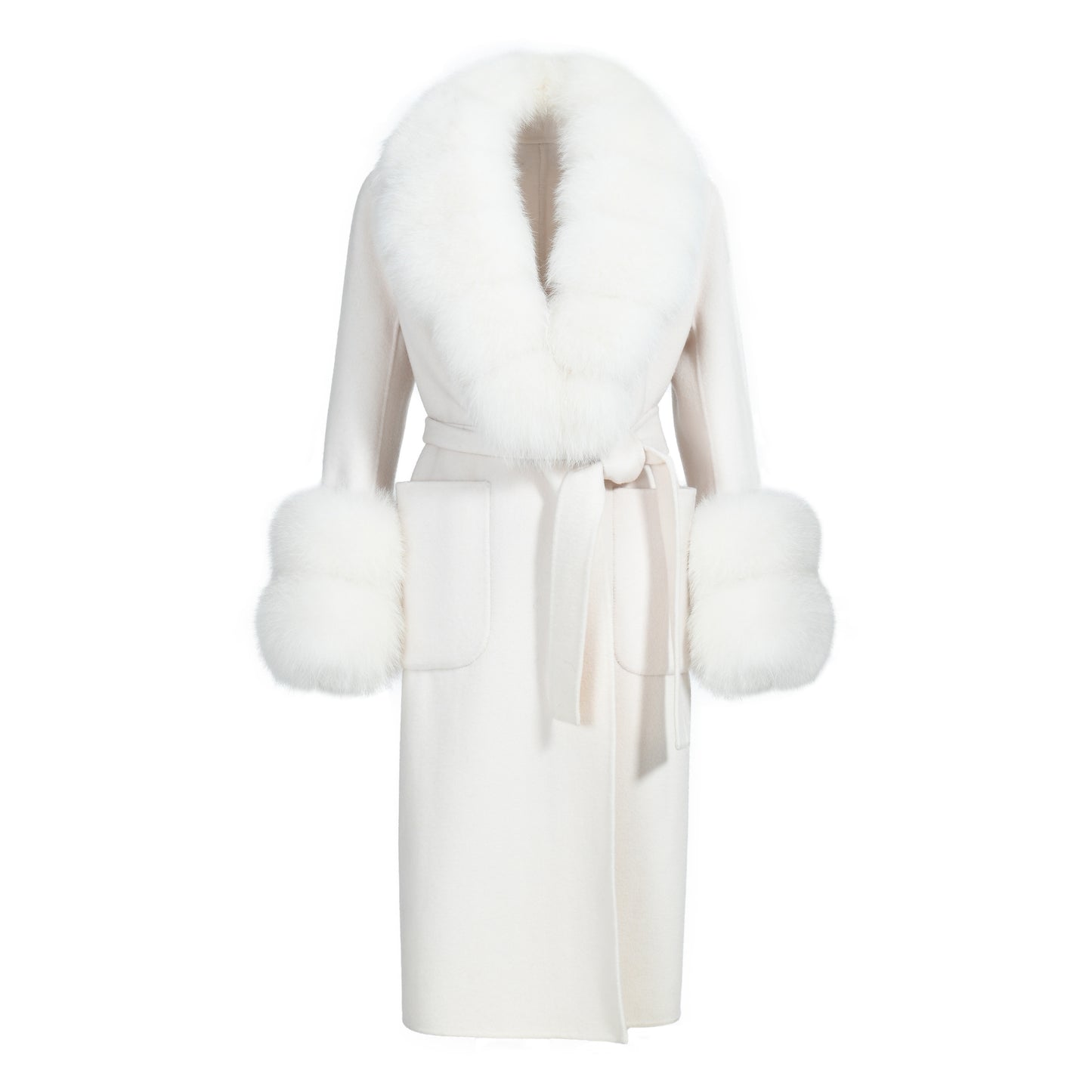 Jaxmonoy Slim Cashmere Coat Long Style Overcoat With Big Real Fur Collar And Double Cuffs