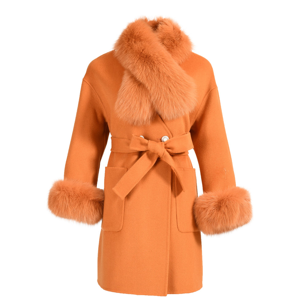 Wholesale Cashmere Coat With Real Detachable Fox Fur Scarf And Cuffs Winter High Quality Wool Blend Coats For Women