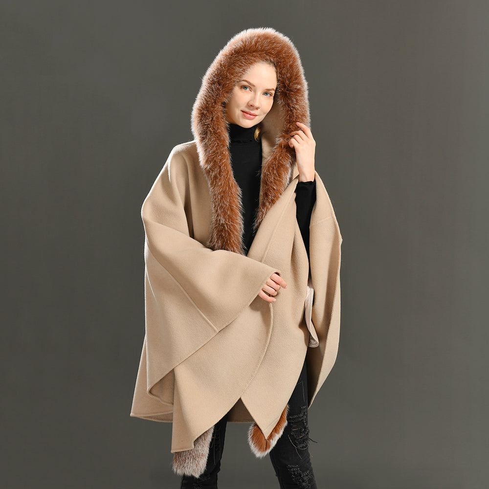 Jaxmonoy Luxurious Women Cashmere Cloak With Real Fox Fur Collar