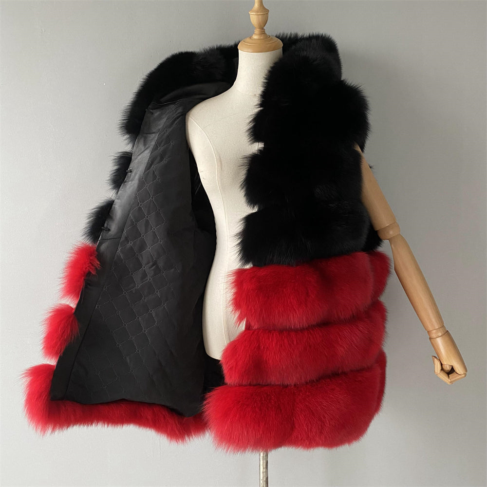 Warm Winter Wholesale Mixed Color Real Fox Fur Gilet Vest With Hood Design Fashion Women Fox Fur Vest Real