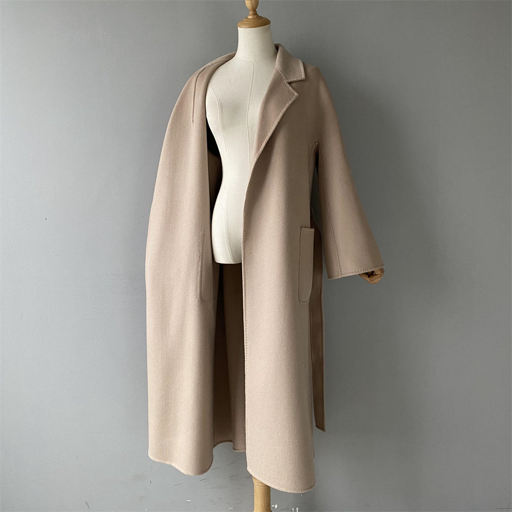Solid Color Cashmere Coat With Big Side Pocket And Removable Belt