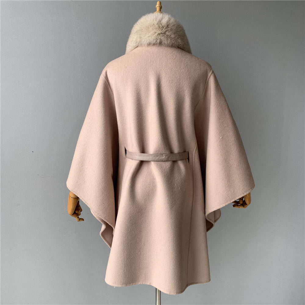 Jaxmonoy Women Cashmere Coat With Big Real Fur Collar And Sashes