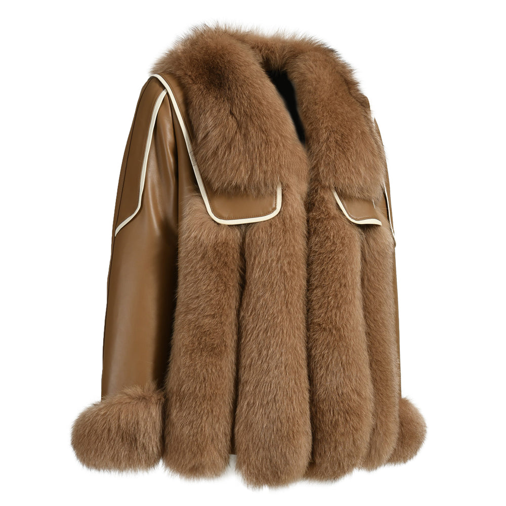 Genuine Leather Jacket With Real Fox Fur V-neck Collar Spring
